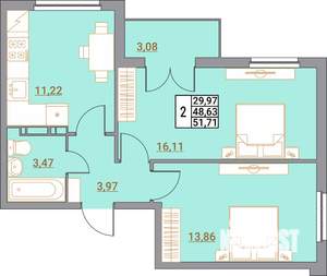 2-к квартира, вторичка, 52м2, 4/5 этаж