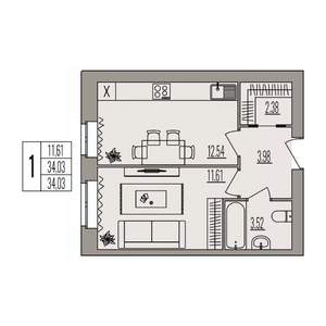 1-к квартира, вторичка, 34м2, 2/3 этаж