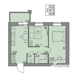 2-к квартира, строящийся дом, 45м2, 3/7 этаж