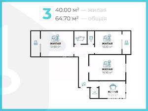 3-к квартира, вторичка, 65м2, 5/9 этаж