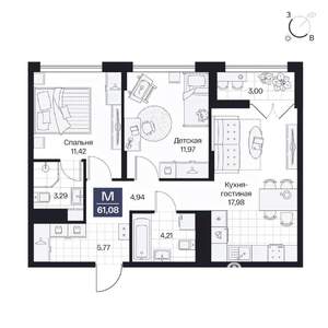 2-к квартира, вторичка, 61м2, 4/10 этаж