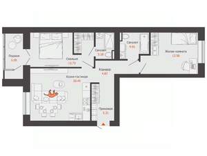 2-к квартира, вторичка, 68м2, 4/6 этаж