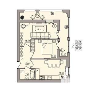 2-к квартира, вторичка, 55м2, 1/3 этаж