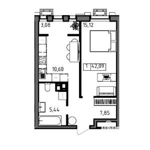 1-к квартира, вторичка, 42м2, 21/23 этаж