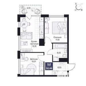 2-к квартира, вторичка, 50м2, 7/8 этаж