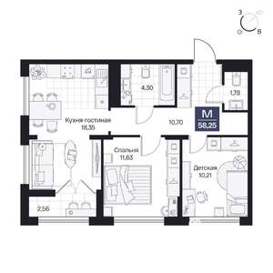 2-к квартира, вторичка, 58м2, 3/10 этаж