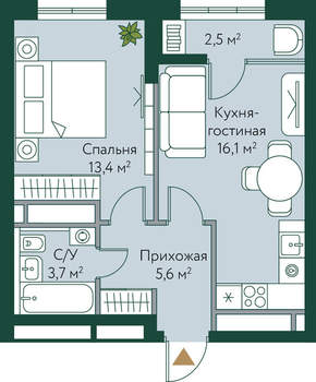 1-к квартира, вторичка, 41м2, 14/24 этаж