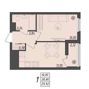 1-к квартира, вторичка, 30м2, 9/10 этаж