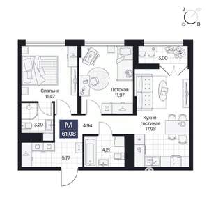 2-к квартира, вторичка, 61м2, 2/10 этаж