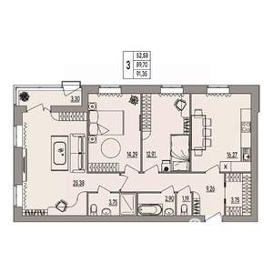 3-к квартира, вторичка, 91м2, 2/3 этаж