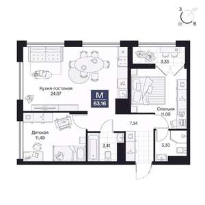 2-к квартира, вторичка, 63м2, 8/10 этаж