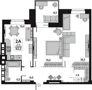 2-к квартира, вторичка, 62м2, 2/7 этаж