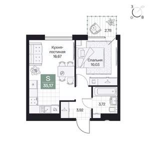 1-к квартира, вторичка, 35м2, 7/9 этаж