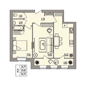 2-к квартира, вторичка, 57м2, 2/3 этаж