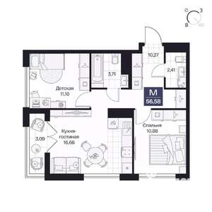 2-к квартира, вторичка, 57м2, 6/10 этаж