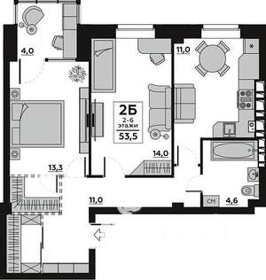 2-к квартира, вторичка, 55м2, 2/6 этаж