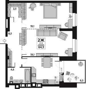 2-к квартира, вторичка, 64м2, 4/7 этаж