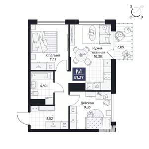 2-к квартира, вторичка, 51м2, 3/10 этаж