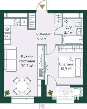 1-к квартира, строящийся дом, 44м2, 14/24 этаж