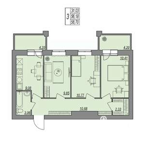3-к квартира, строящийся дом, 59м2, 6/7 этаж