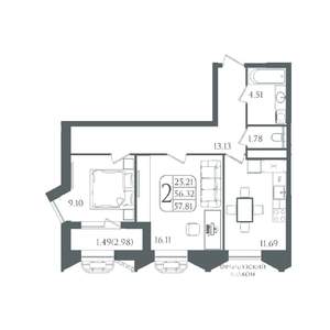 2-к квартира, вторичка, 58м2, 11/22 этаж