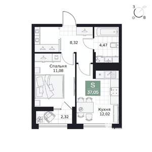 1-к квартира, вторичка, 37м2, 7/9 этаж