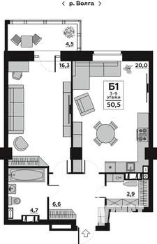 1-к квартира, вторичка, 50м2, 10/20 этаж
