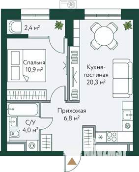 1-к квартира, вторичка, 44м2, 3/24 этаж