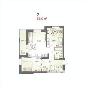 2-к квартира, вторичка, 69м2, 6/21 этаж