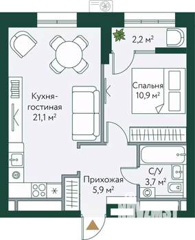 1-к квартира, вторичка, 44м2, 16/24 этаж