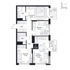 3-к квартира, вторичка, 71м2, 5/10 этаж