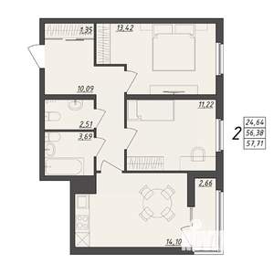 2-к квартира, вторичка, 58м2, 6/10 этаж
