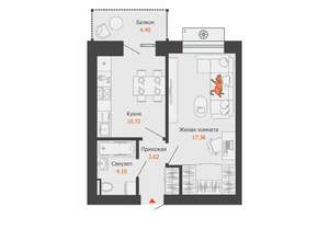 1-к квартира, строящийся дом, 37м2, 5/8 этаж