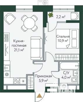 1-к квартира, вторичка, 44м2, 12/24 этаж