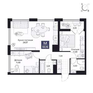 2-к квартира, вторичка, 63м2, 4/10 этаж