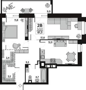 2-к квартира, вторичка, 61м2, 2/7 этаж