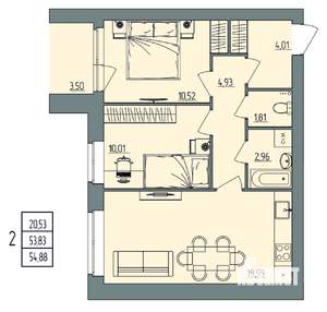 2-к квартира, вторичка, 55м2, 1/4 этаж