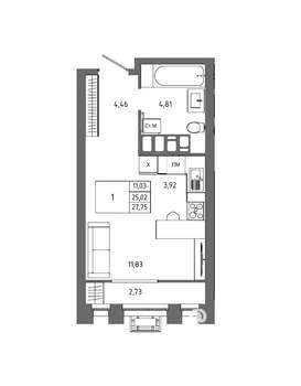 1-к квартира, вторичка, 28м2, 22/23 этаж