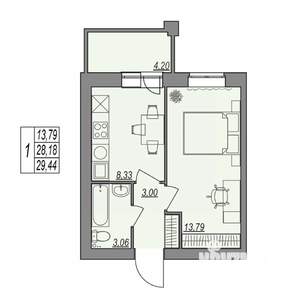 1-к квартира, строящийся дом, 29м2, 2/7 этаж