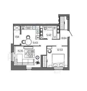 2-к квартира, вторичка, 53м2, 14/24 этаж