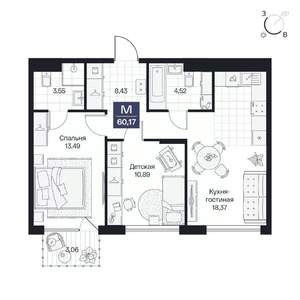 2-к квартира, вторичка, 60м2, 4/10 этаж