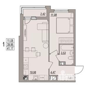 1-к квартира, вторичка, 41м2, 1/6 этаж