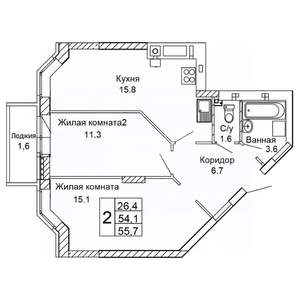 2-к квартира, вторичка, 56м2, 2/9 этаж