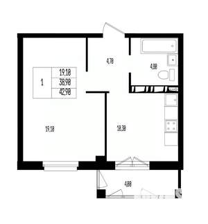 Студия квартира, вторичка, 43м2, 1/17 этаж