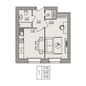1-к квартира, вторичка, 35м2, 3/3 этаж
