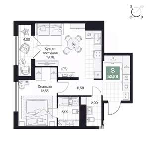 1-к квартира, вторичка, 53м2, 5/10 этаж