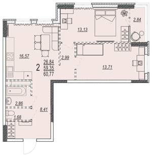2-к квартира, вторичка, 61м2, 13/17 этаж