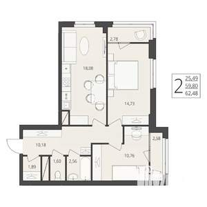 2-к квартира, вторичка, 62м2, 11/17 этаж