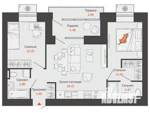 2-к квартира, вторичка, 55м2, 3/8 этаж