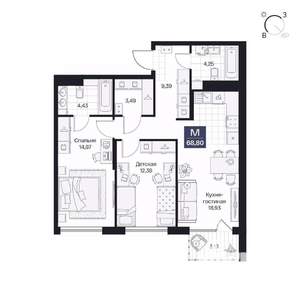 2-к квартира, вторичка, 69м2, 3/10 этаж